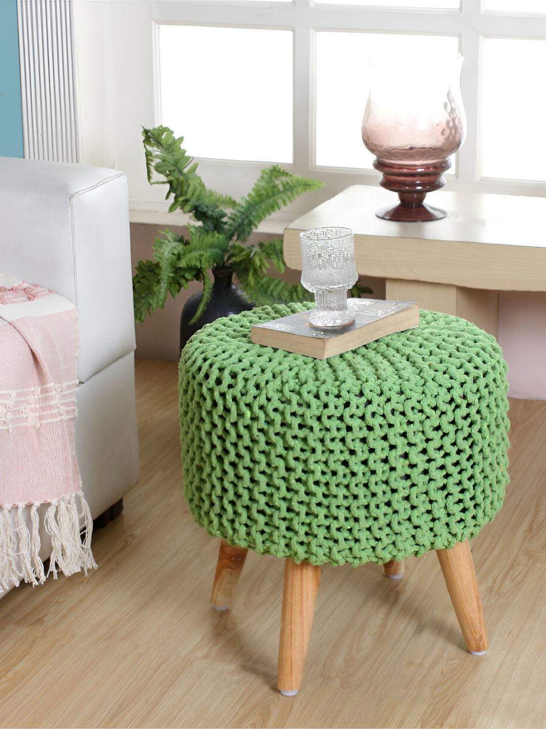 Shadowkart Green & Brown Textured Braided Wooden Round Ottoman