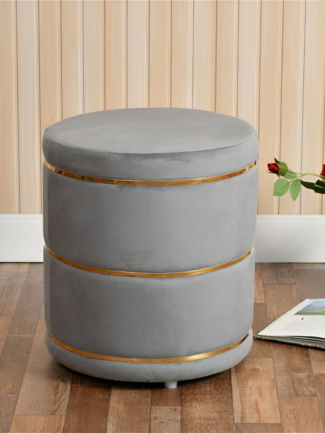 Shadowkart Grey Wooden & Velvet Round Ottoman