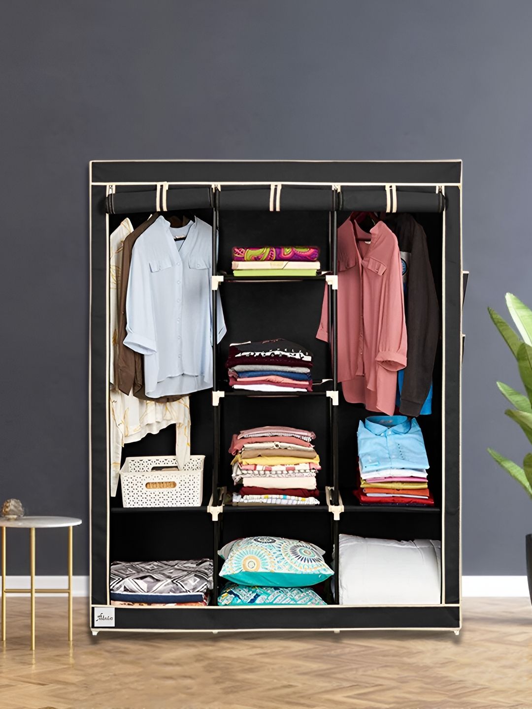 Pamworld Pamworld Black 8 Shelf & Hanging Compartment Collapsible Rectangle Wardrobe