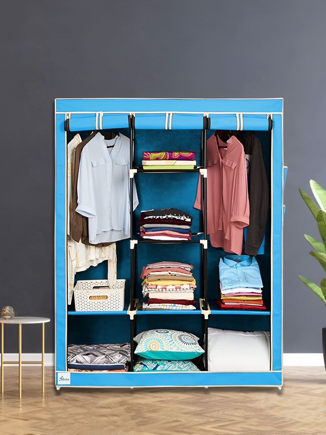 Pamworld Blue 8 Shelf & Hanging Compartment Triple Door Collapsible Wardrobe