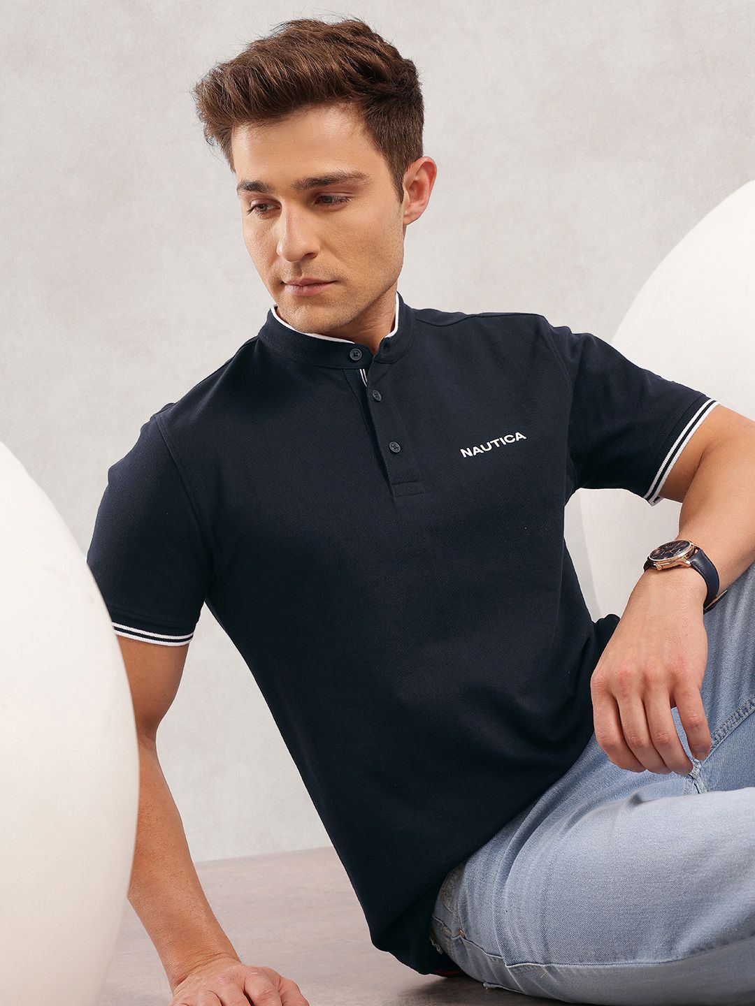 Nautica Band Collar Pure Cotton T-shirt