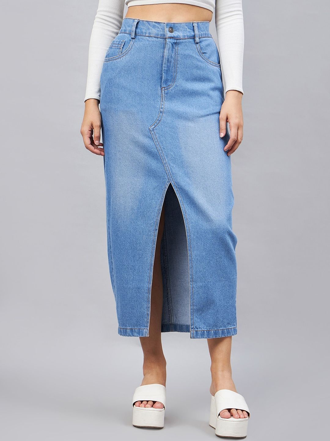 Orchid Blues Front Slit Denim Straight Midi Skirt