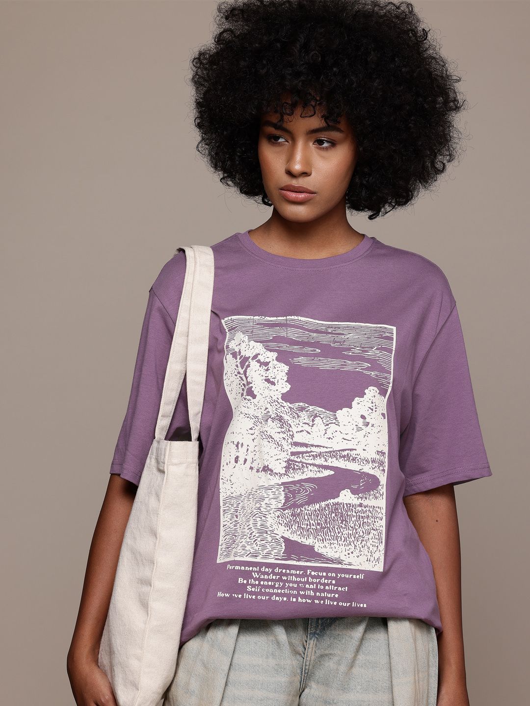 The Roadster Lifestyle Co. Printed Drop-Shoulder Sleeves Pure Cotton Oversized T-shirt