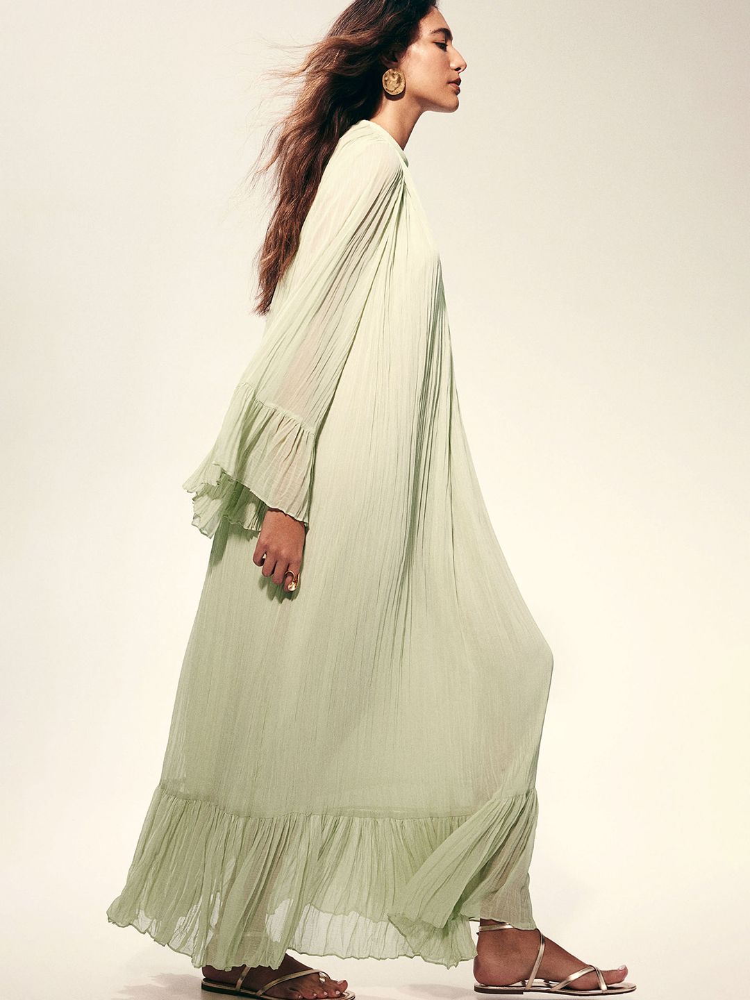 h&m pleated kaftan dress H&M CONSCIOUS Wide Cut Pleated Yellow / Flounced Neon Yellow Kaftan DRESS