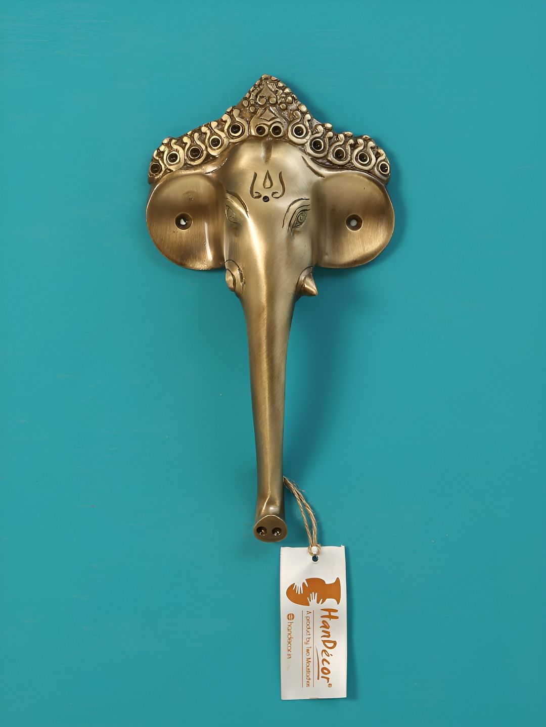Two Moustaches Gold Toned Ganesha Mask Brass Door Handle