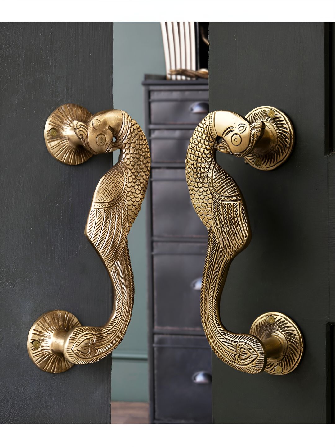 Two Moustaches Gold Toned 2 Pieces Curved Peacock Brass Door Handle