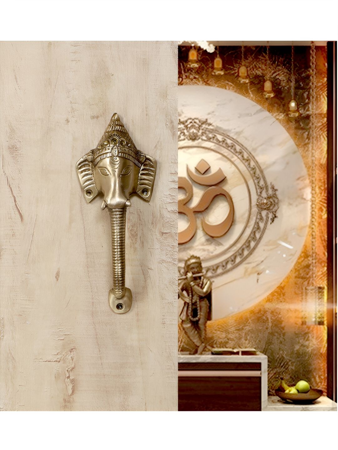 Two Moustaches Gold toned Crown Ganesha Brass Door Handle