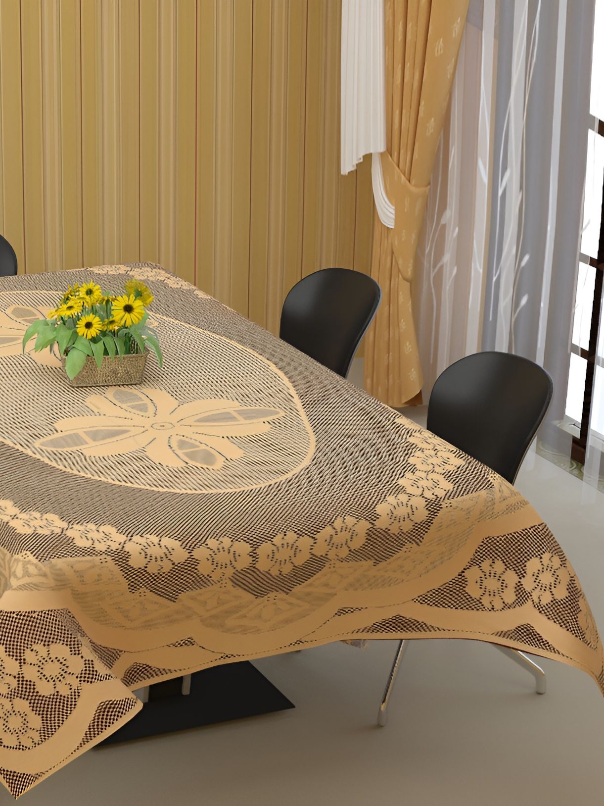 BIGGER FISH Beige Floral self Design Cotton 6 Seater Table Cover