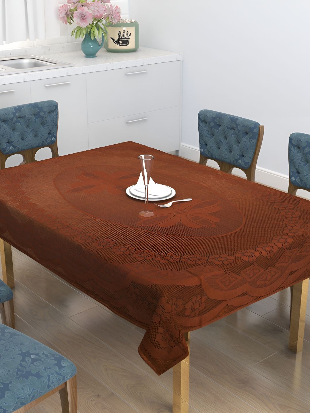 BIGGER FISH Brown Cotton 6-Seater Table Cover