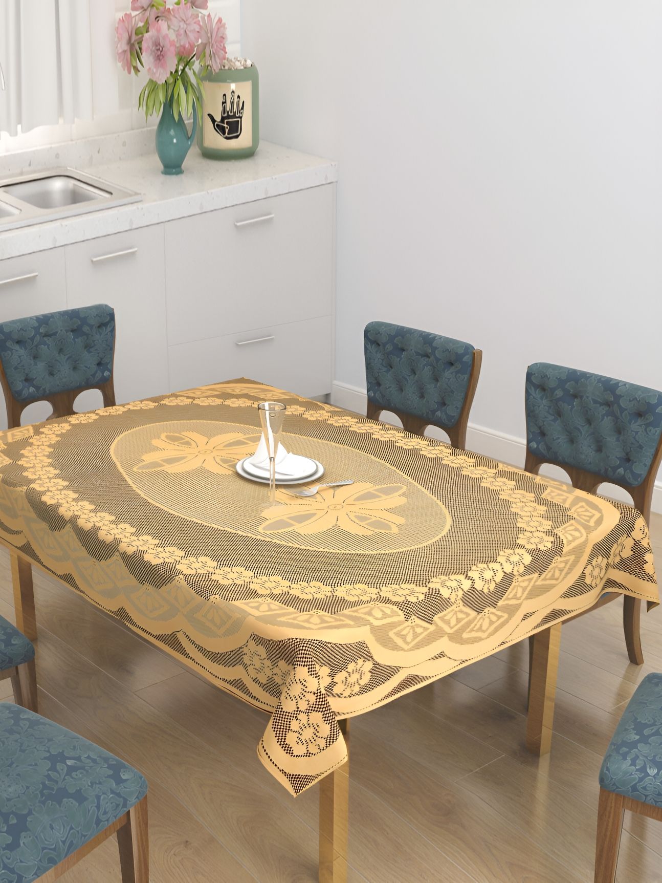 BIGGER FISH Beige Floral Printed Rectangle Cotton 6-Seater Table Cover
