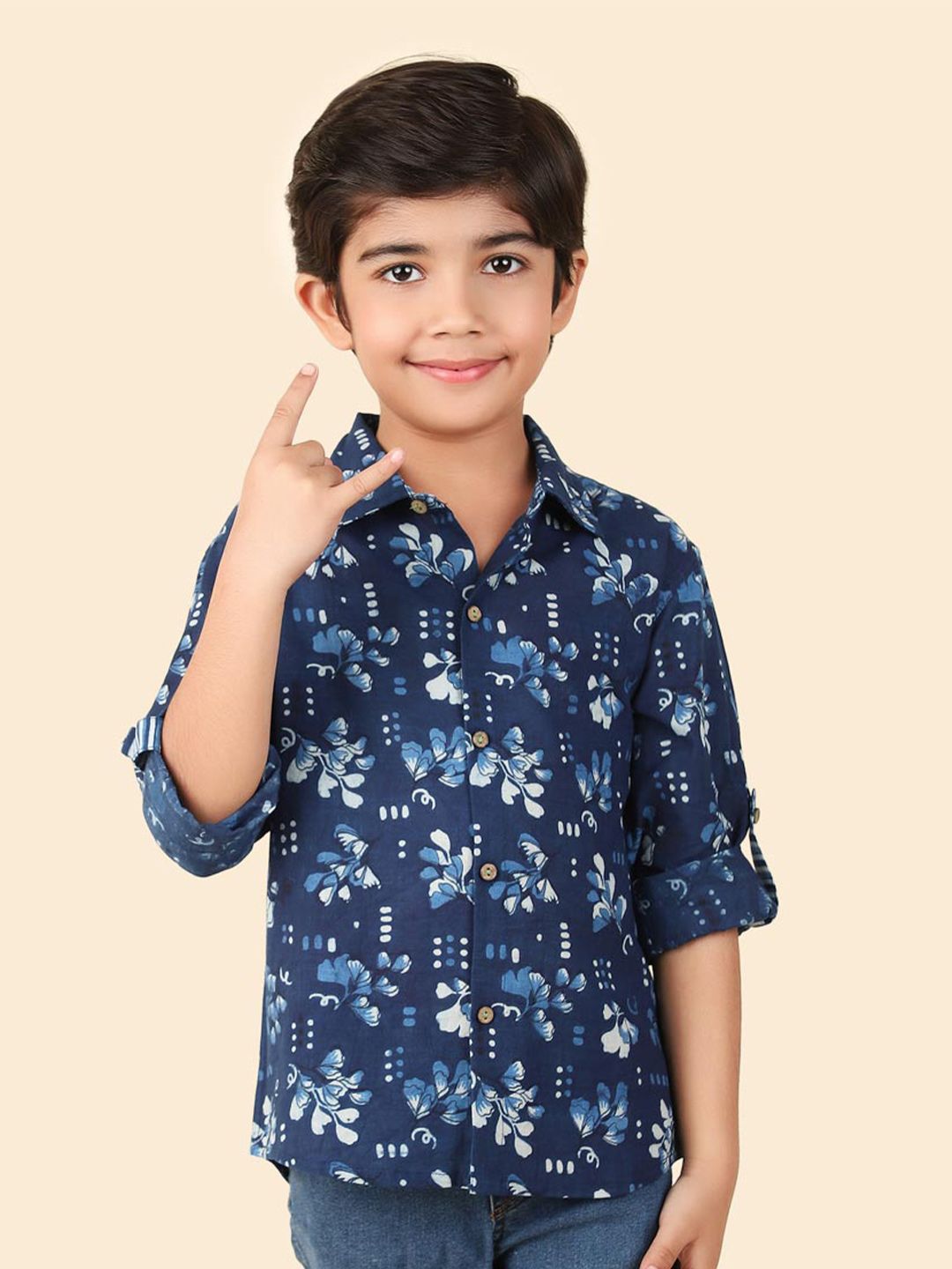 Fabindia Boys Floral Printed Cotton Spread Collar Curved Casual Shirt