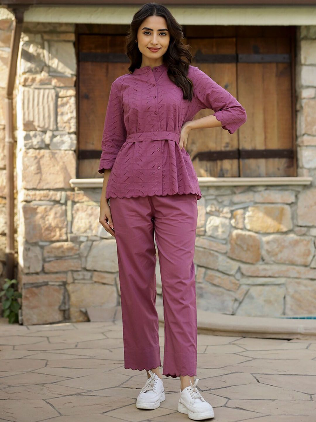 SANSKRUTIHOMES Pink Self-Design Pure Cotton Top & Trousers