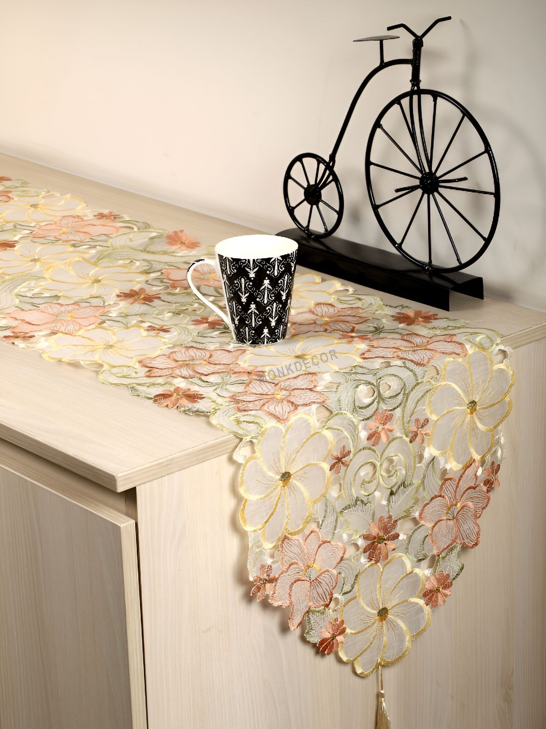 TANLOOMS Brown & Yellow Floral Embroidered Table Runner