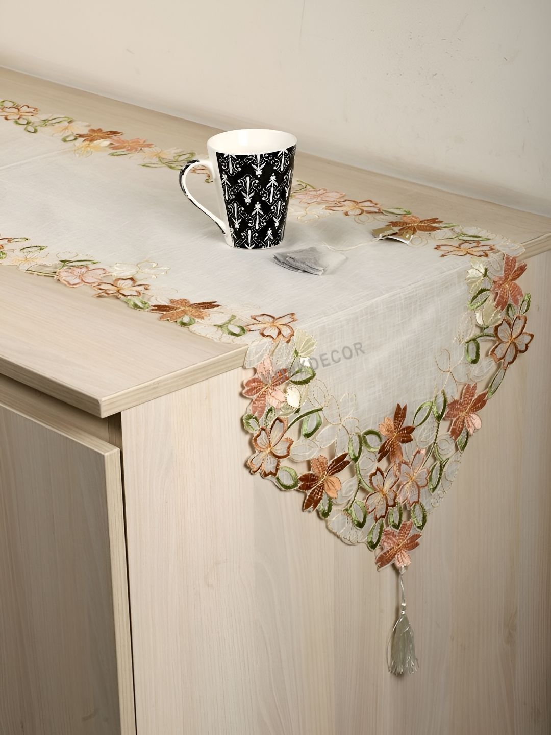 MONKDECOR White & Brown Embroidered Table Runner