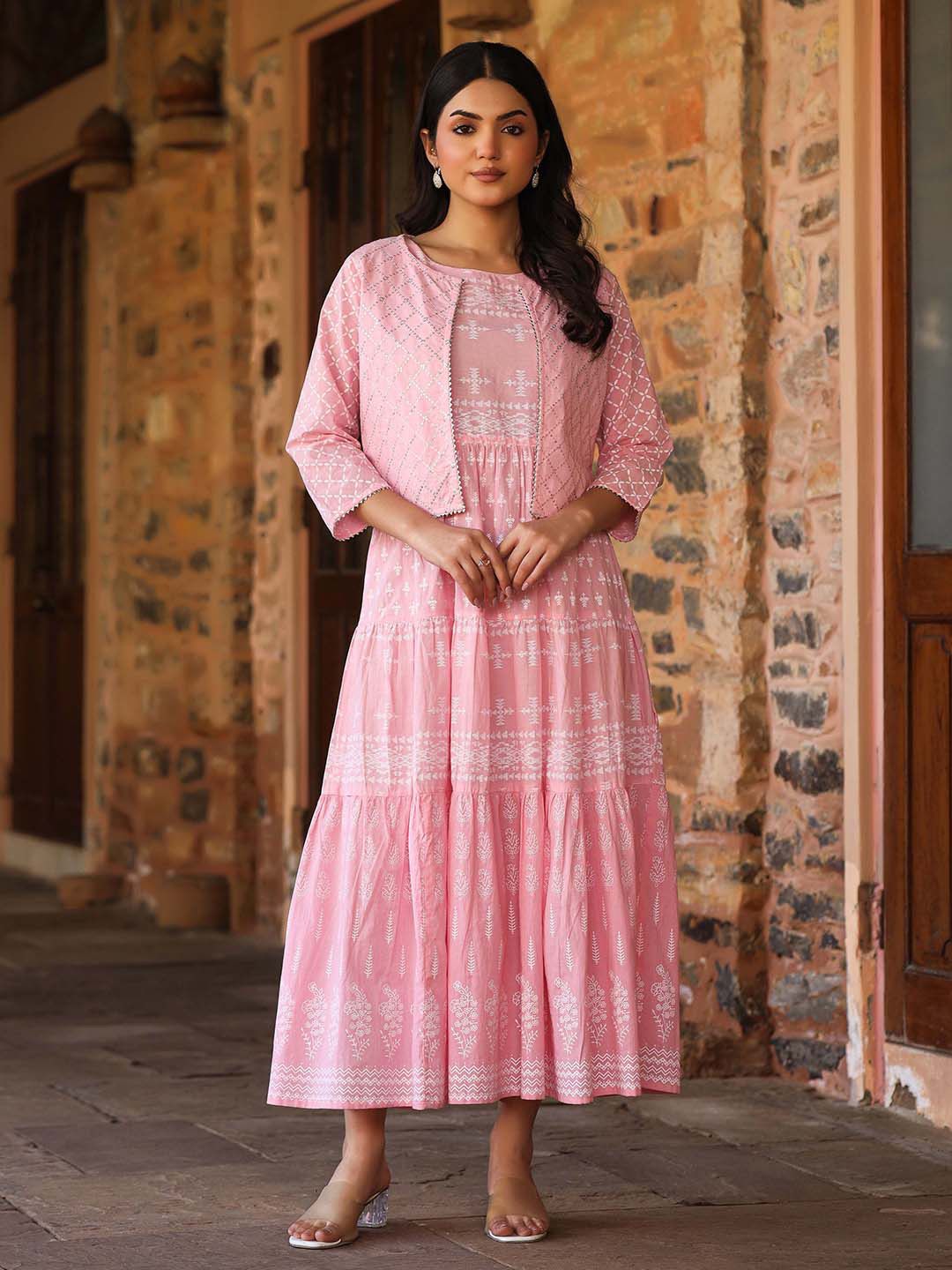 pink ethnic dress Pink Embroidered V-Neck Festive Calf Length Three-Quarter Sleeves Women Regular Fit Ethnic Dresses