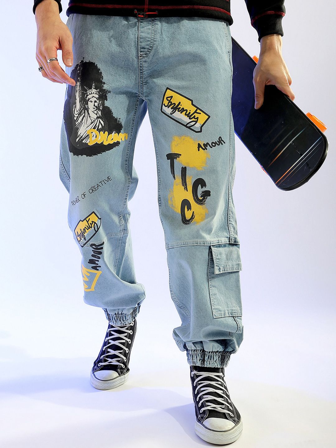 The Indian Garage Co Men Relaxed Fit Printed Heavy Fade Stretchable Jeans