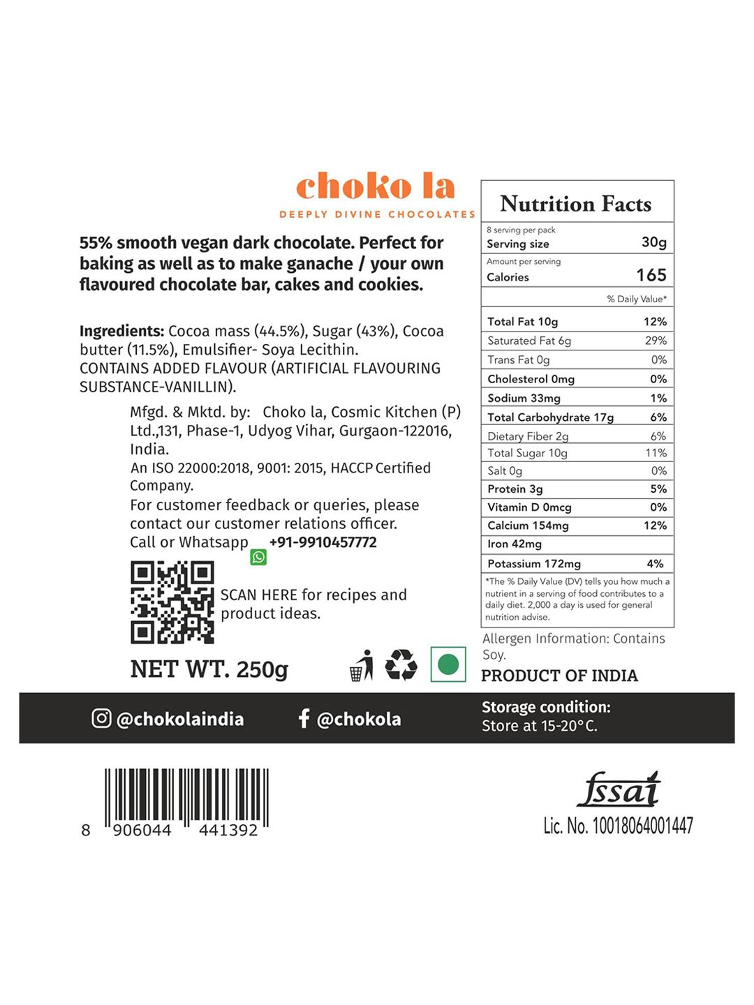Buy choko la 55% Dark Chocolate Baking Buttons- 250 G - Chocolates