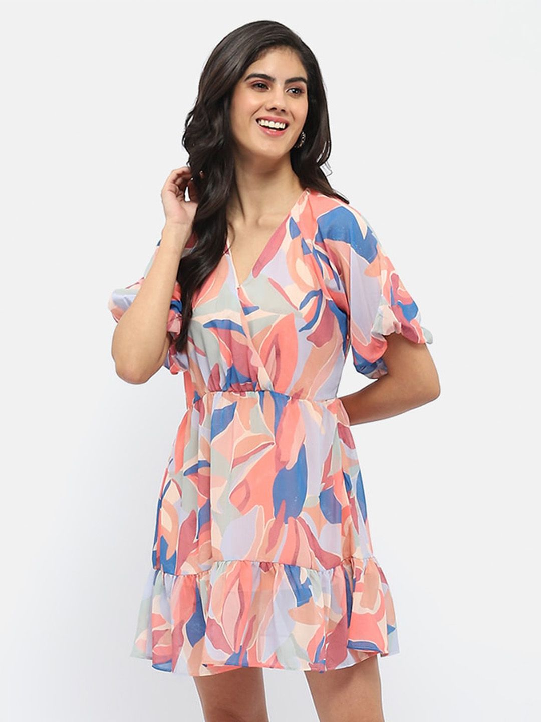 Madame Madame Floral Print V-Neck Flared Sleeve Fit & Flare Dress