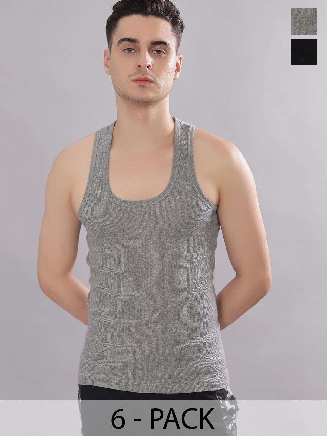 Dollar Bigboss Men Solid Pack of 6 Cotton Stretch Rib Regular Fit Casual Vest