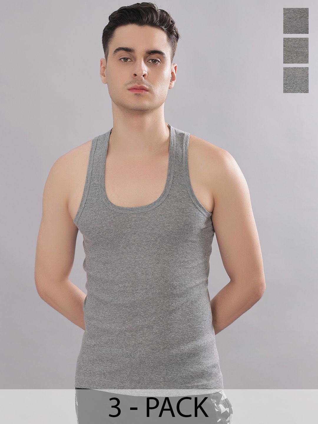 Dollar Bigboss Men Solid Pack of 3 Grey Cotton Stretch Rib Regular Fit Casual Vest