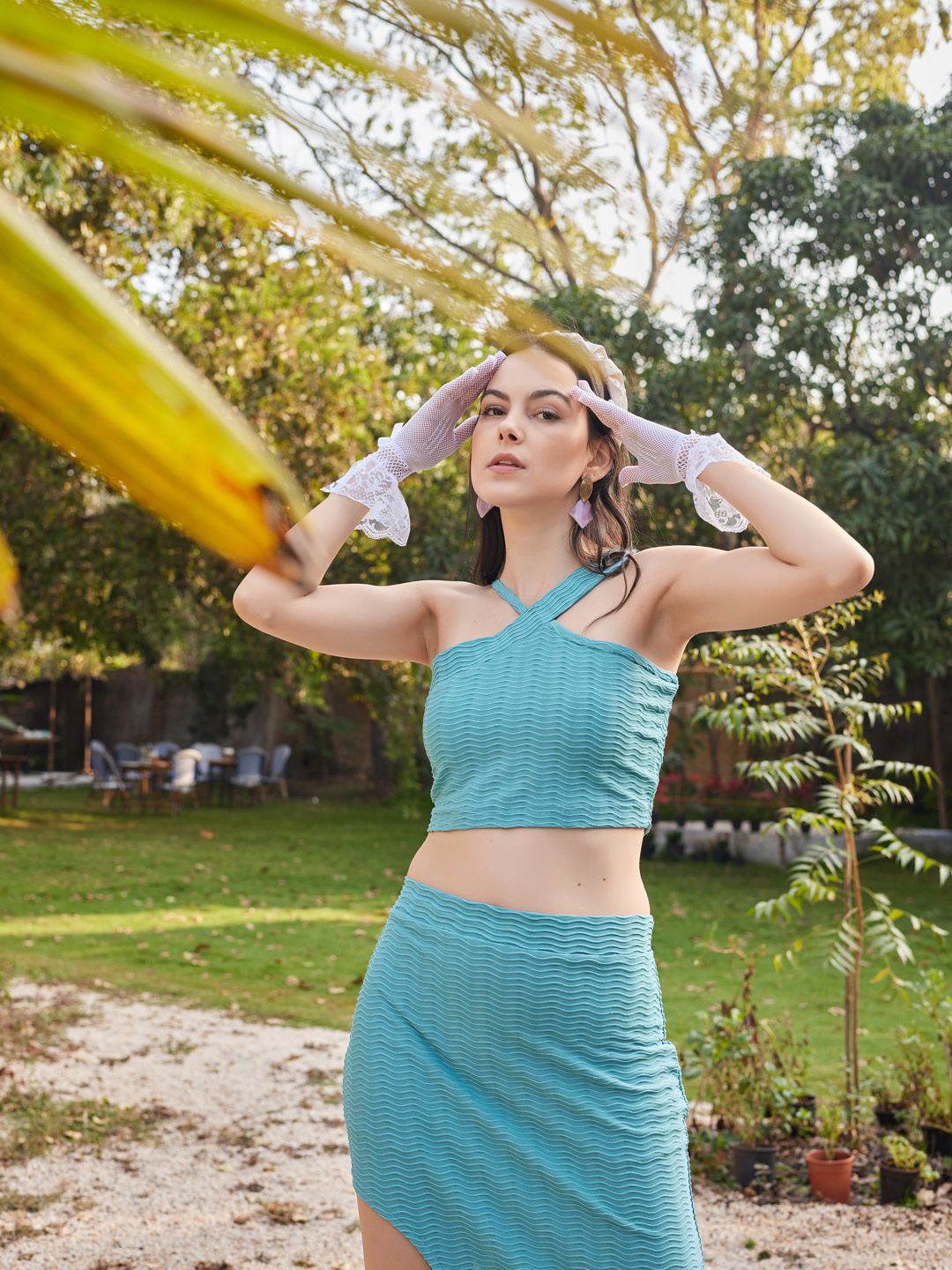 Buy PURVAJA Turquoise Blue Halter Neck Top With Skirt Co-Ords - Co