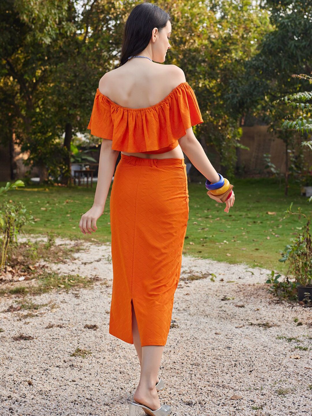 Buy PURVAJA Textured Off Shoulder Crop Top & Midi Pencil Skirt
