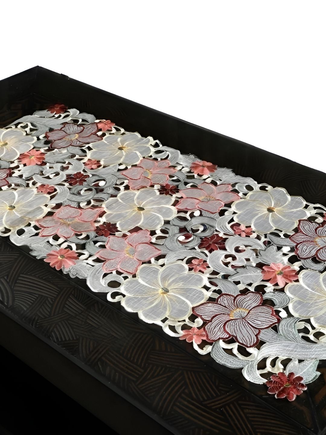 TANLOOMS Maroon & White Floral Embroidered Rectangle Table Runner