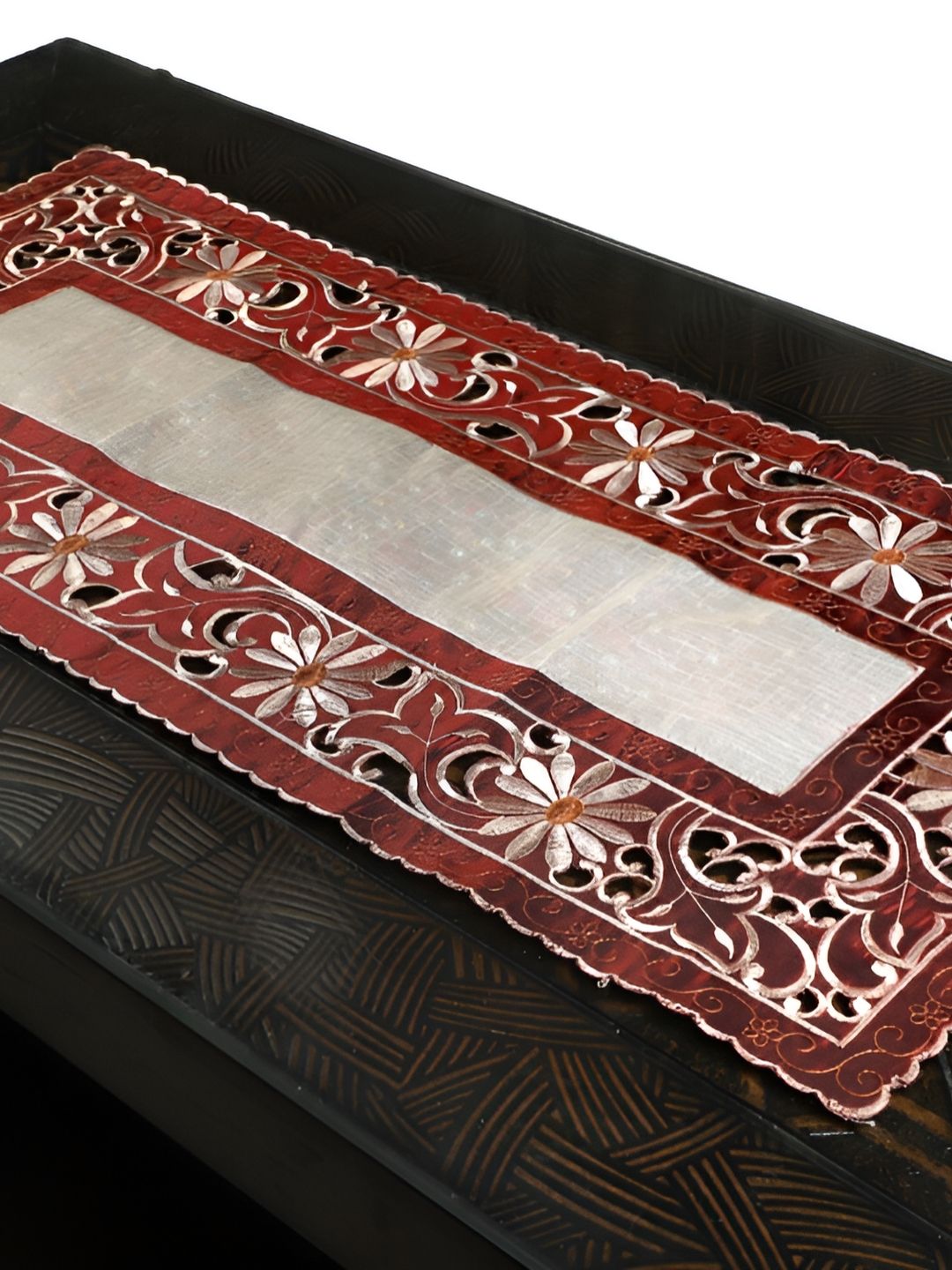 TANLOOMS Maroon & White Floral Embroidered Rectangle Table Runner