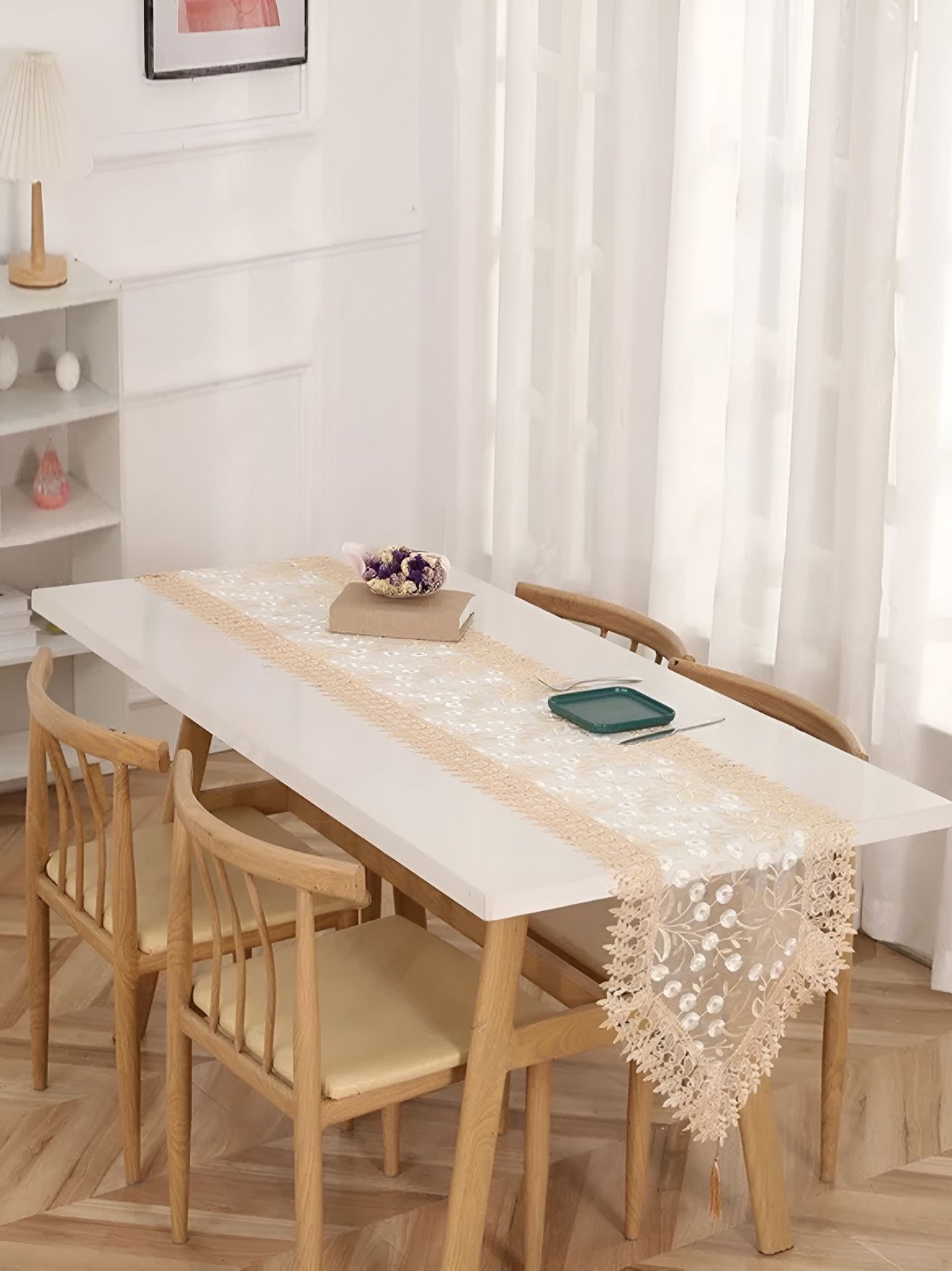 TANLOOMS White & Beige Embroidered Table Runner