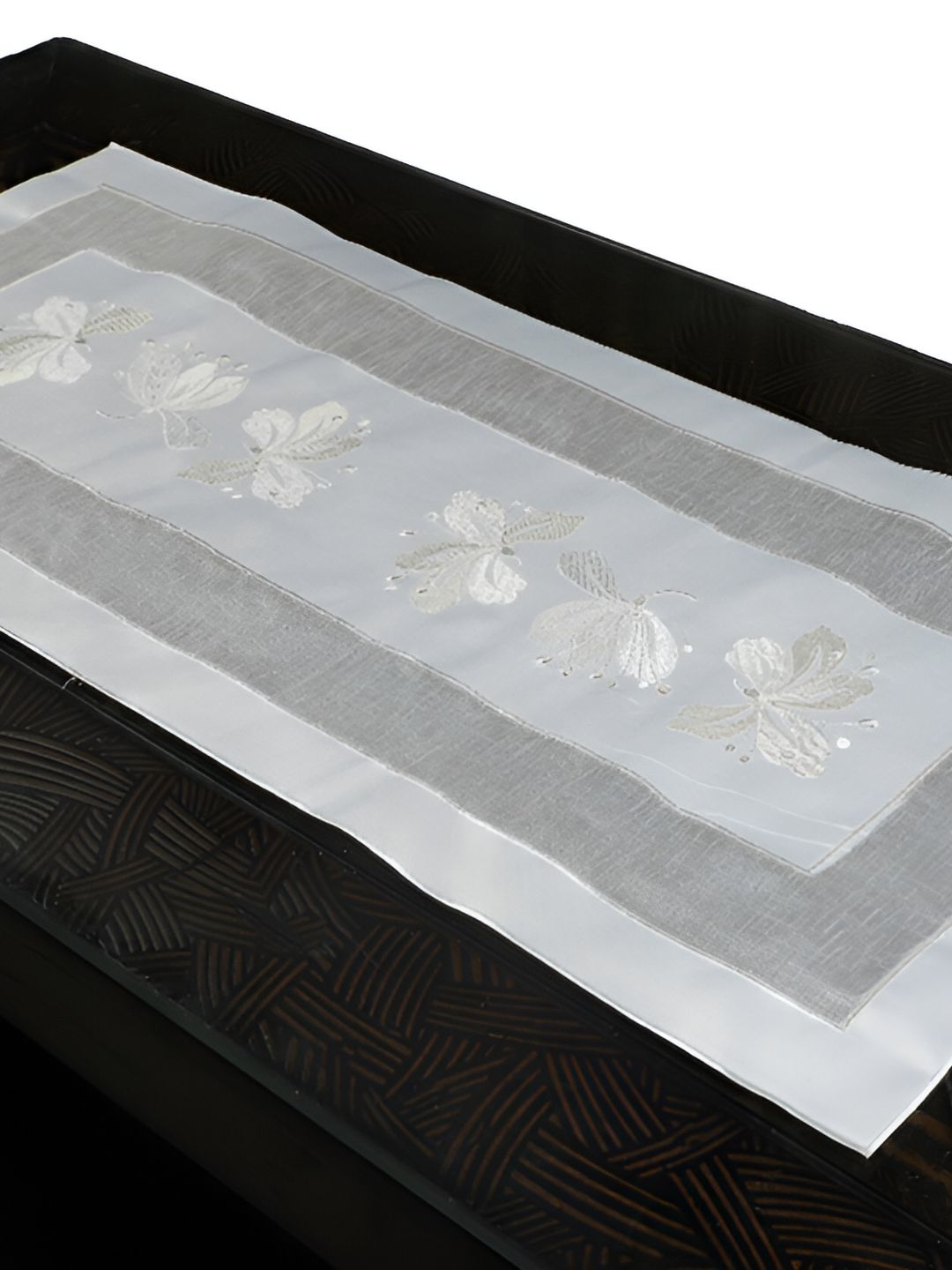 TANLOOMS White & Grey Floral Embroidered Rectangle Table Runner