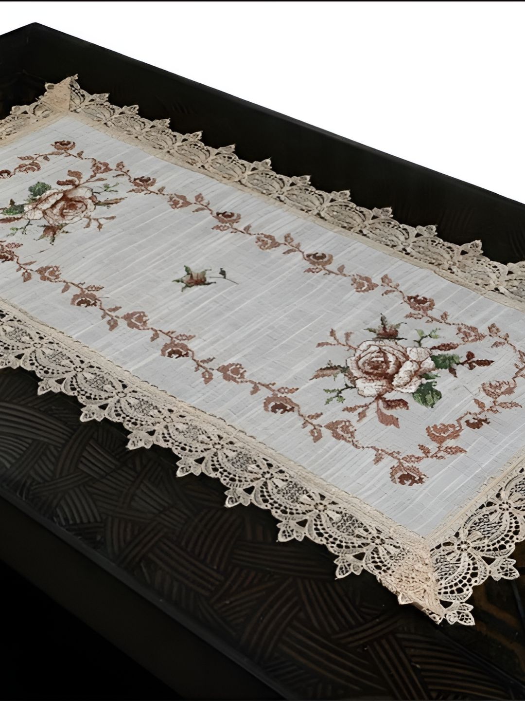 TANLOOMS White & Brown Floral Embroidered Table Runner