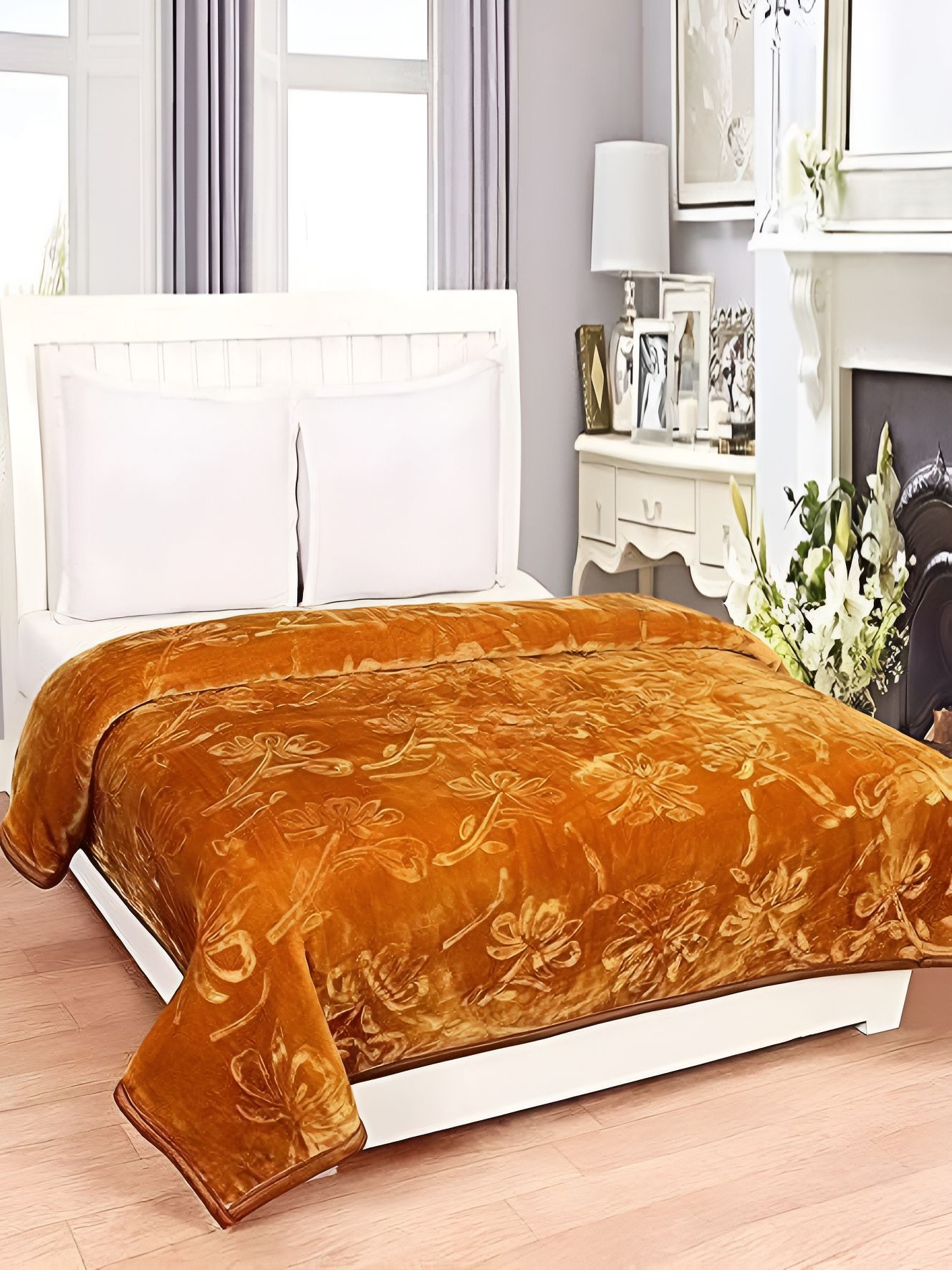 Comfowell Comfowell Orange Floral Microfiber Mild Winter 500 GSM Double Bed Blanket