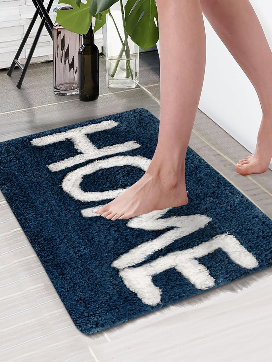 Aura Teal  Blue & White Home Printed Microfiber 1850 GSM Large Bath Mat