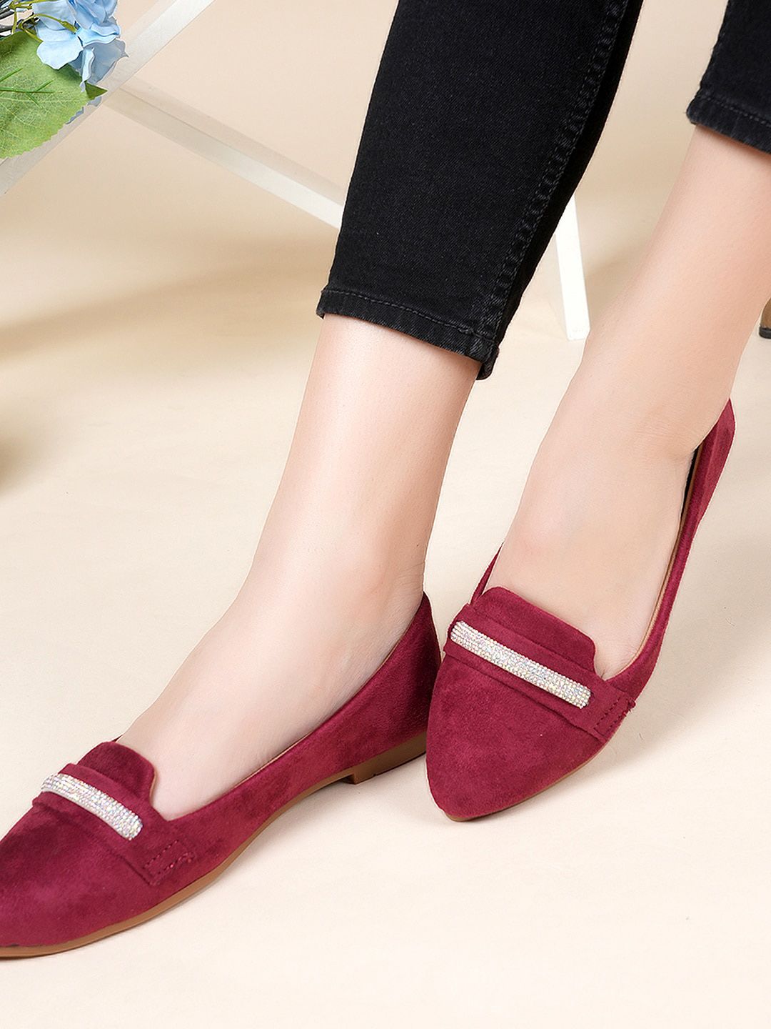 DressBerry Maroon Embellished Pointed Toe Ballerinas