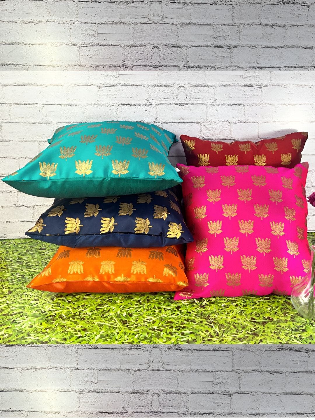 Pink Parrot Pink & Yellow 5 Pieces Ethnic Motifs Jacquard Silk Square Cushion Covers