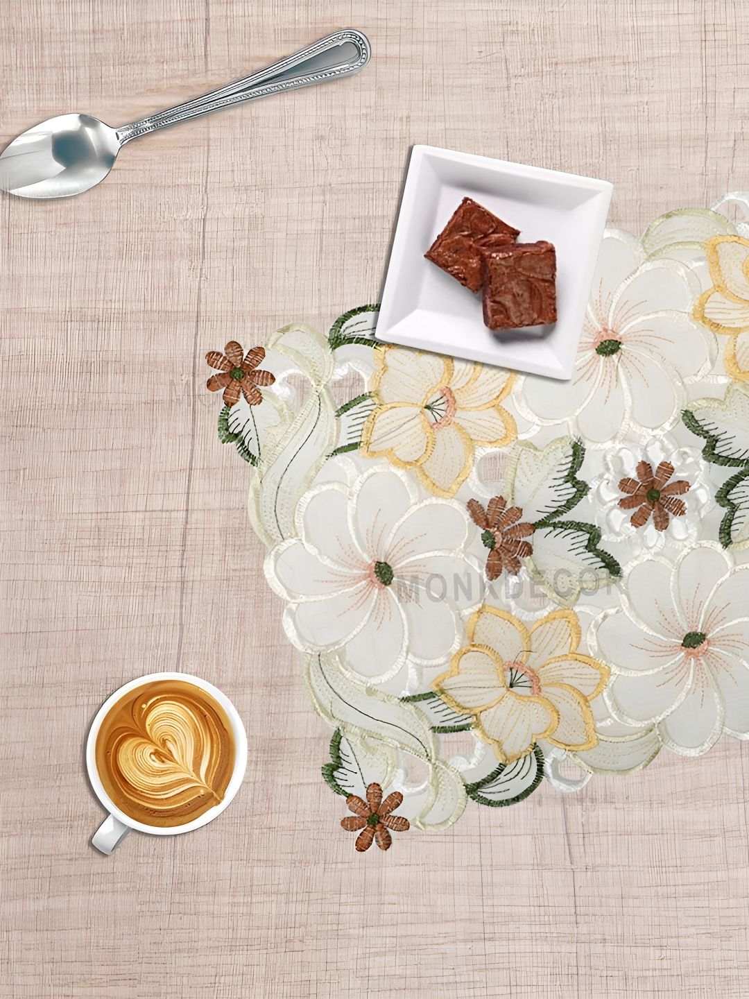 MONKDECOR White & Yellow 6 Pcs Embroidered Table Placemats