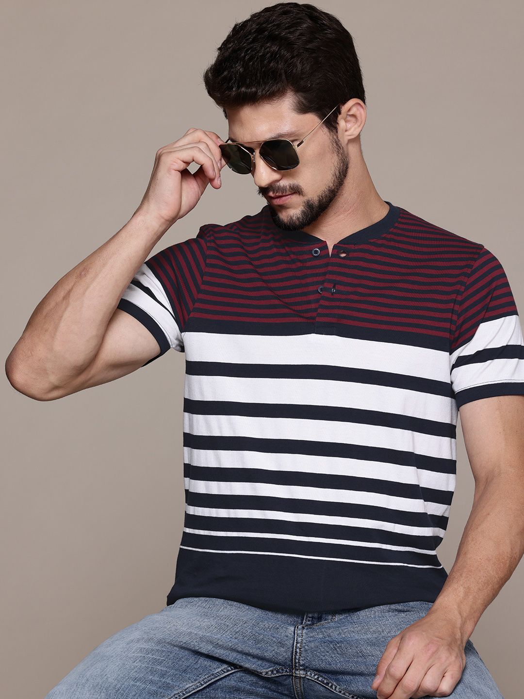 The Roadster Life Co. Striped Henley Neck T-shirt