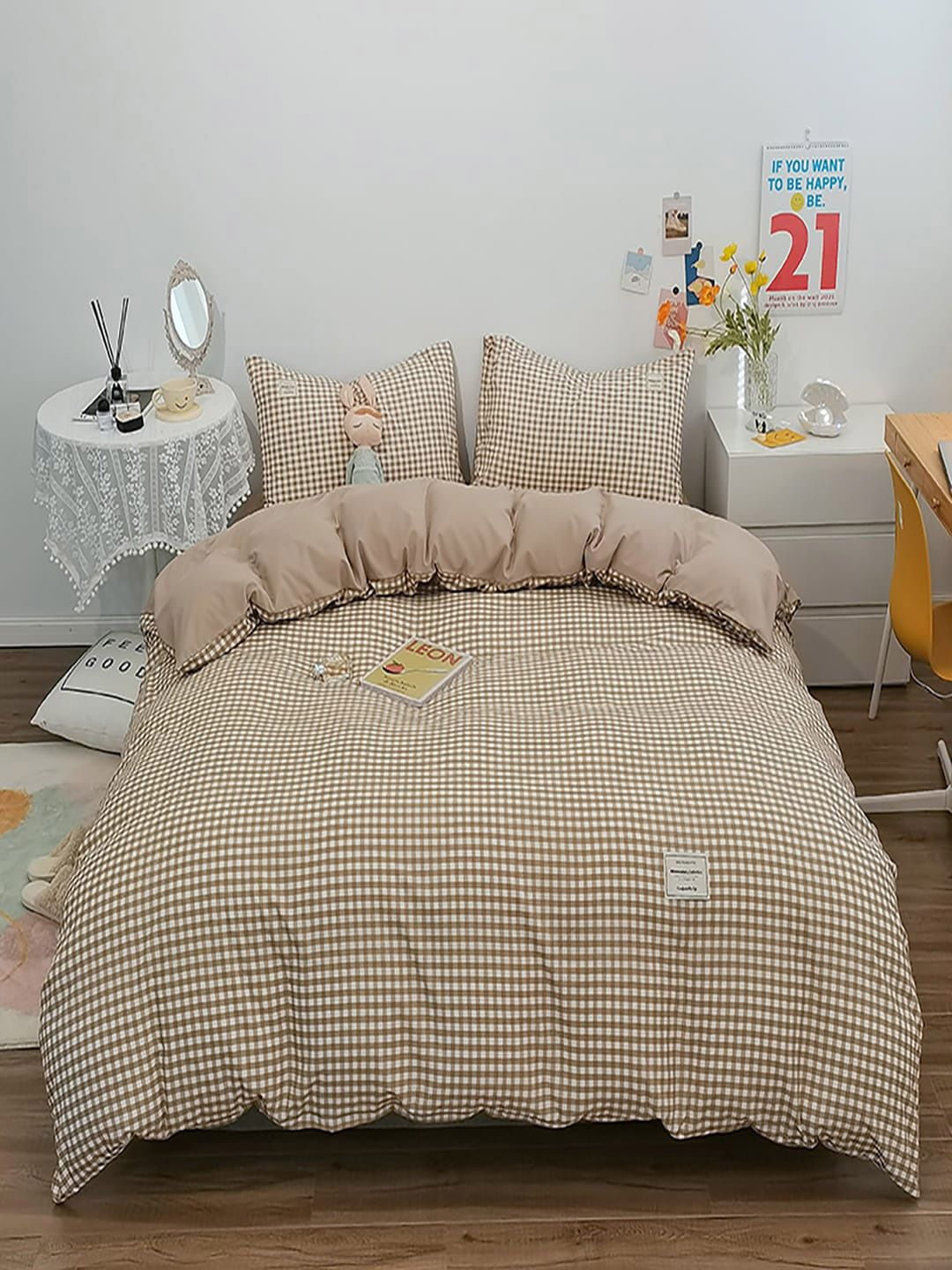 JC HOME Khaki 4 Pieces Checked Single Bedding Set