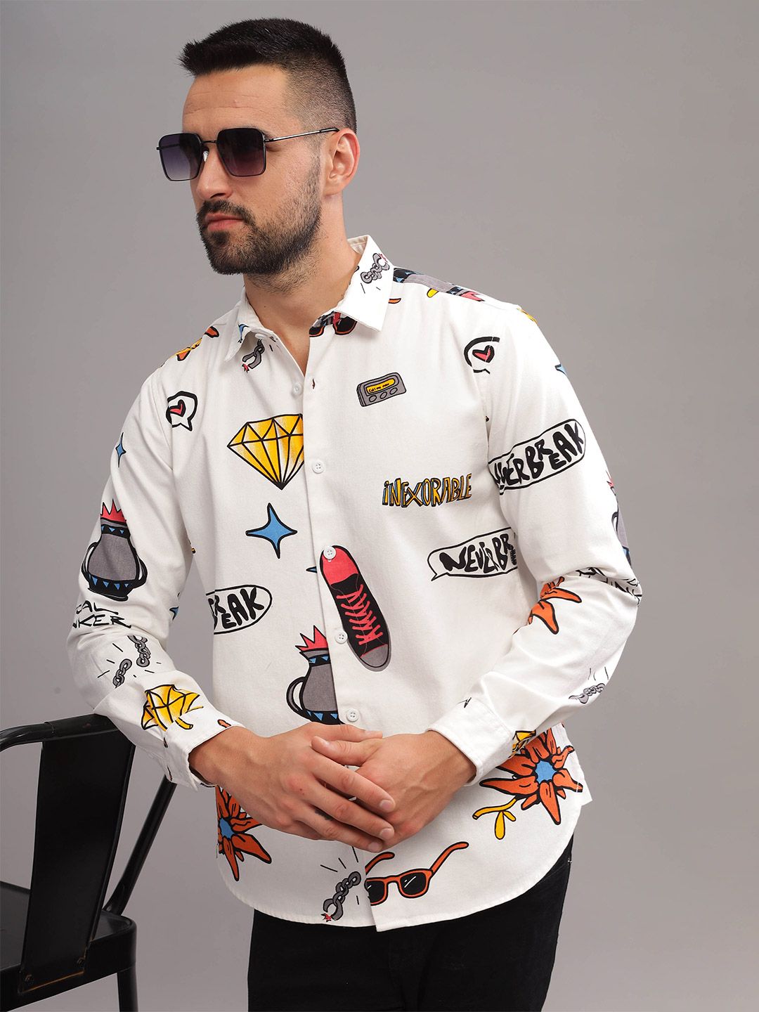 HERE&NOW Slim Fit Opaque Printed Spread Collar Cotton Casual Shirt