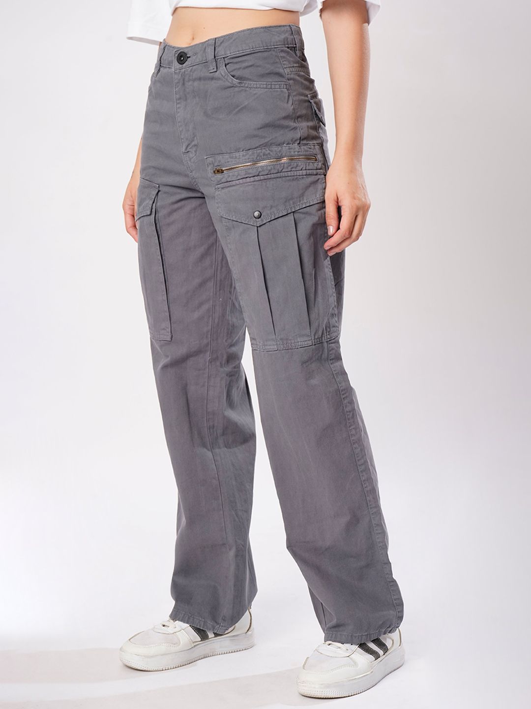 Roadster Women Straight Fit Solid Cargos Trousers