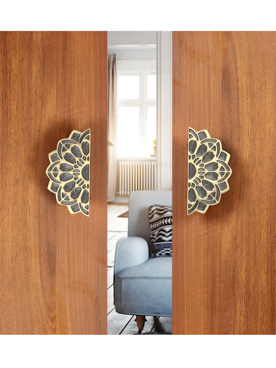 Two Moustaches Gold Toned & Grey 2 Pieces Textured Brass Door Handles