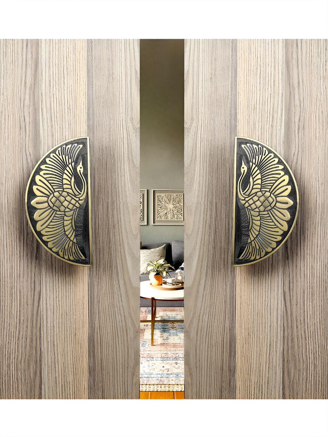 Two Moustaches Brown & Gold Toned 2 Pieces Textured Brass Door Handles
