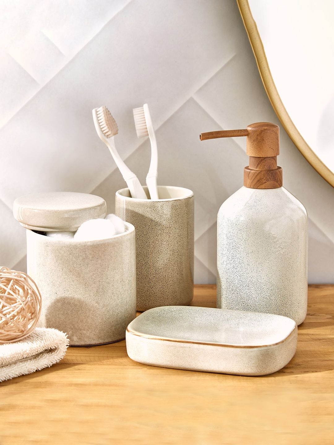 Home Centre Noelle Reactive Beige Textured Ceramic Cotton Jar