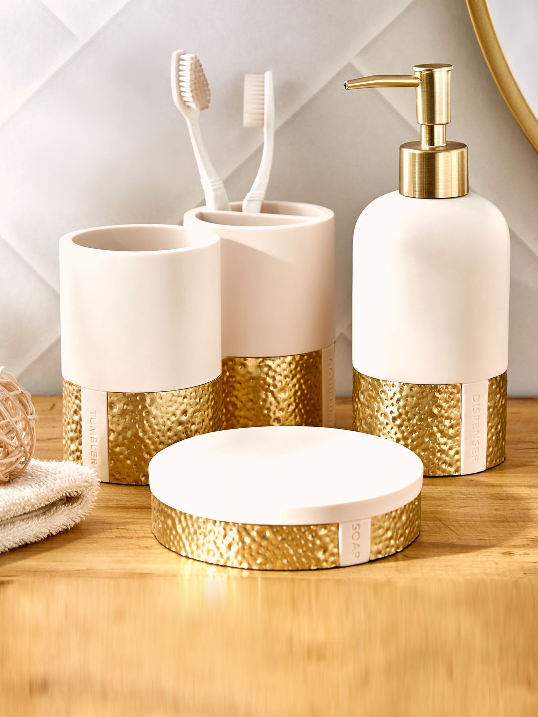 Home Centre Zenvio White & Gold Toned Soap Dispenser 320 ml