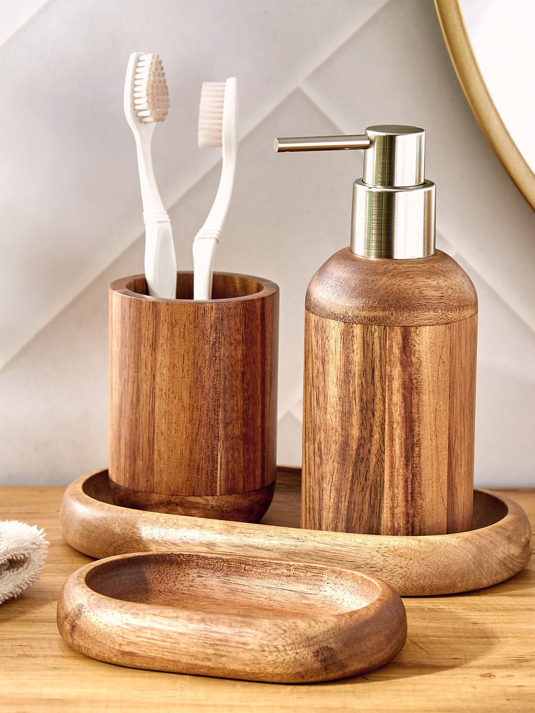 Home Centre Noelle Natural Brown Wooden Toothbrush Holder