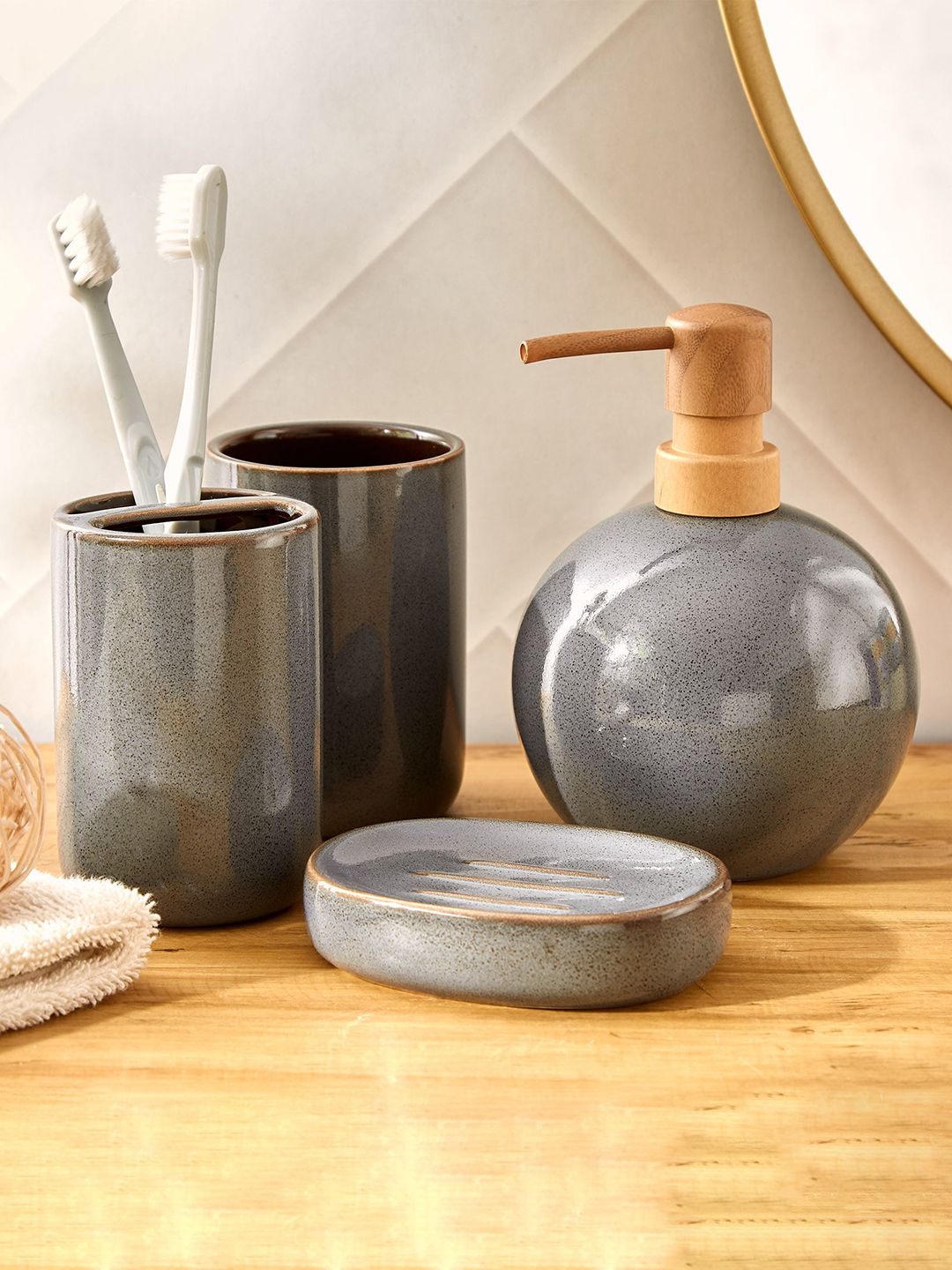Home Centre Noelle Natural Grey Ceramic Toothbrush Holder