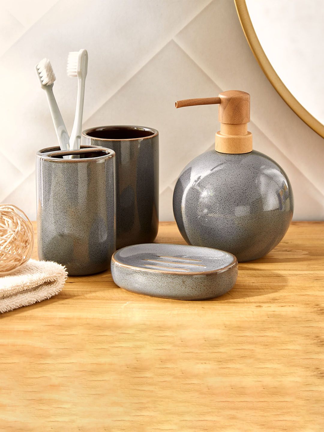 Home Centre Noelle Reactive Grey & Gold Toned Ceramic Soap Dish