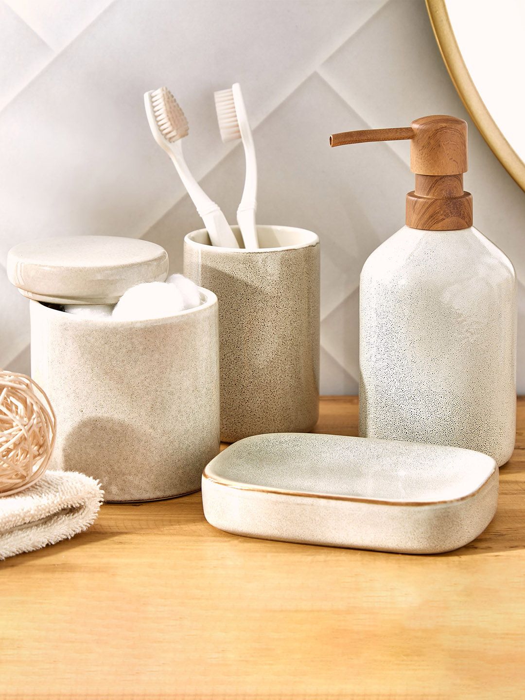 Home Centre Noelle Reactive Beige Ceramic Tooth Brush Holder