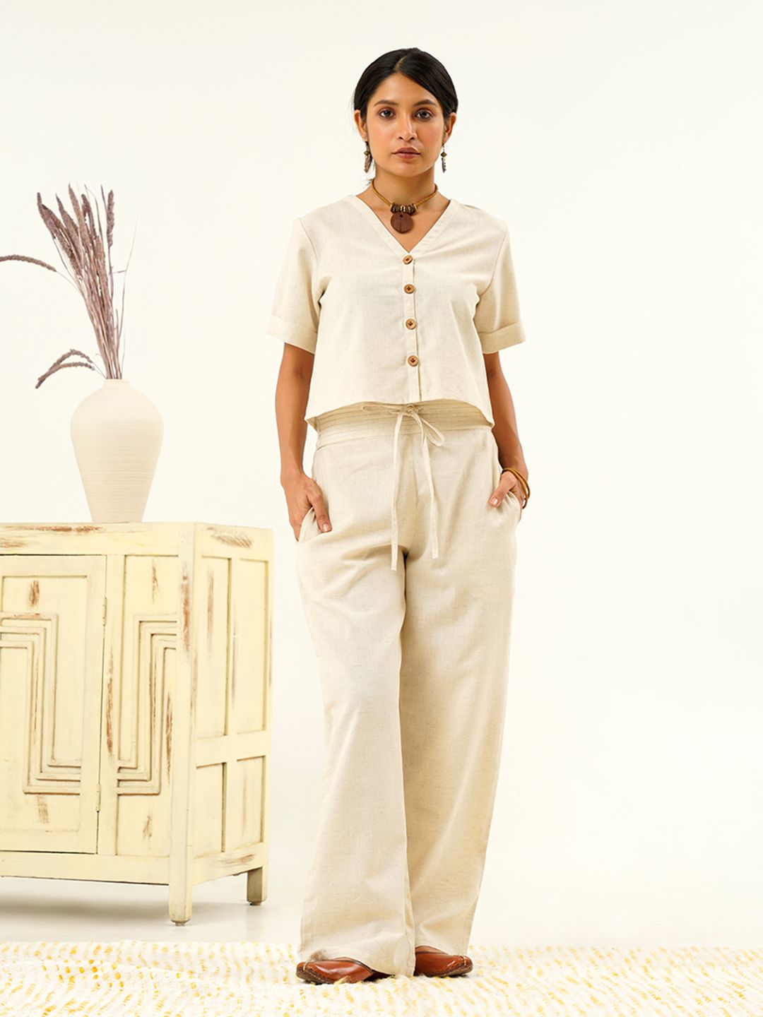indy Raaga V-Neck Pure Cotton Top With Trousers Co-Ords