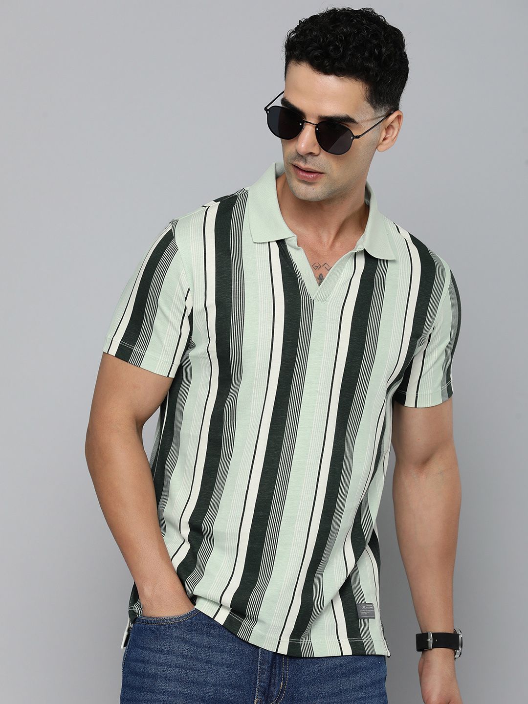 Flying Machine Striped Polo Collar Pure Cotton T-shirt